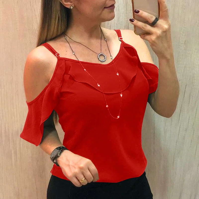 Off The Shoulder Ruffles Short Sleeve Blouse Women Summer Y2K Clothes Harajuku Plus Size Casual Spaghetti Strap Solid Shirts